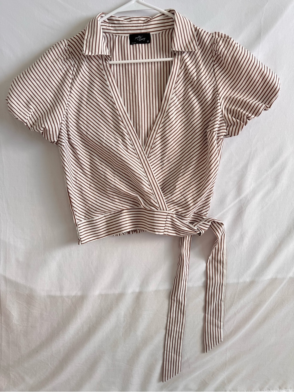 Milk & Honey Women’s Striped Wrap Blouse with Tie - Cream & Brown - Size M